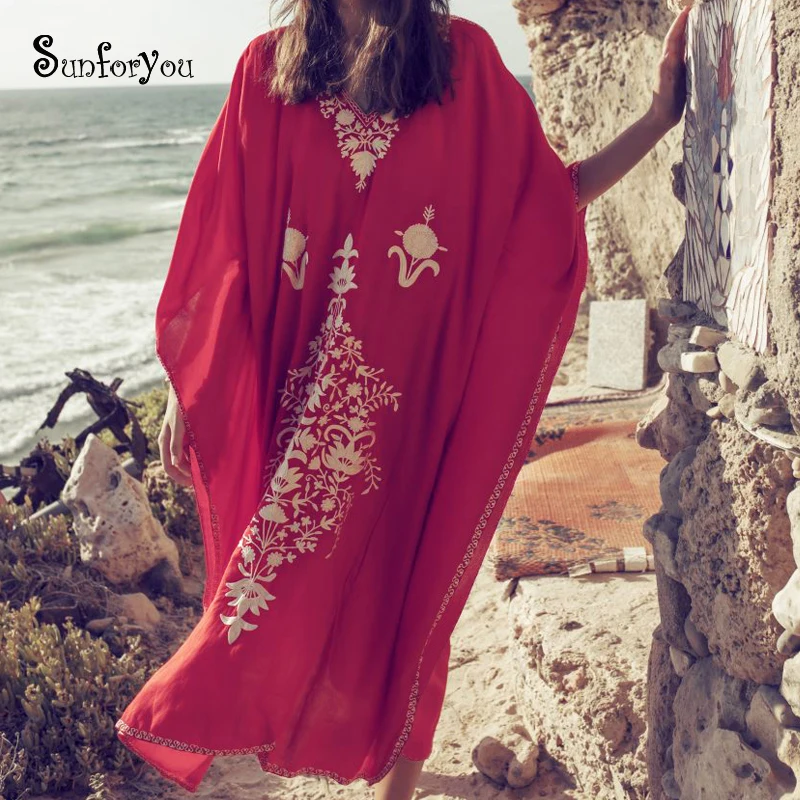 

New Plus Size Red Beach Dress Embroidery Robe De Plage Bikini Cover Up Beachwear Pareos De Playa Mujer Beach Tunic Cover Ups