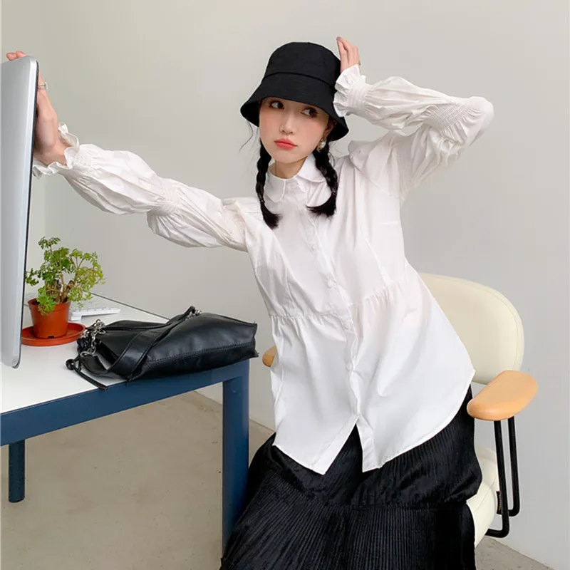 

Women Spring New Solid Color Fashion Slim Shirt Female Elegant White Blouse Ladies Brand Loose Designed Petal Sleeve Shirts ML28