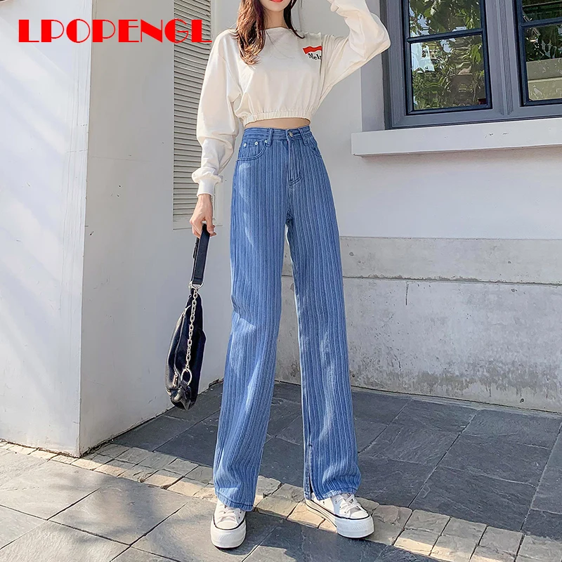 

Spring Autumn Women's Striped Jeans 2021 New Fashion All-match Straight Leg Pants Korean High Waist Denim Solid Trousers