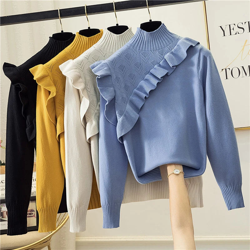 

OUMENGKA Turtleneck Elasticity Knitted Women Sweater Autumn Winter Loose Jumper Fashion Ruffles Basic Female Pullover Femme Pull