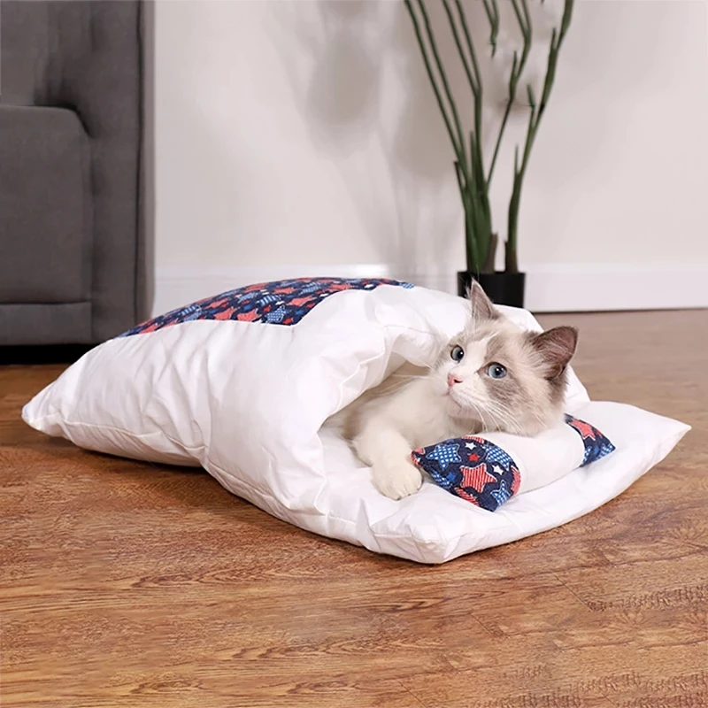 

Японская кровать для кошек, зимний съемный теплый спальный мешок для кошек, кровать для глубокого сна для домашних питомцев, кровать для собак, подушка для кошек с подушкой