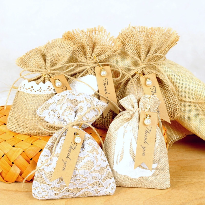 

20pcs Hessian Burlap Bag Jute Gift Bags Candy Bag With Thank You Tags Rustic Wedding Decoration Wedding Gifts For Guests