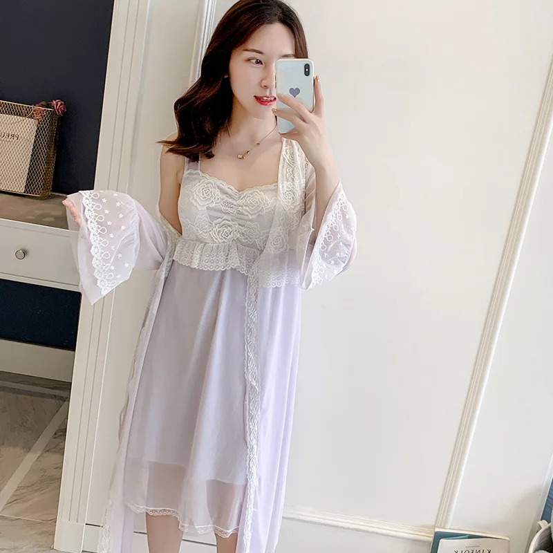 

Princess Sexy Mesh Lace Sleepwear Robe Set Women Long Sleeve Korean Nightdress Pajama Dress Lingerie with Robe Wedding Nighty