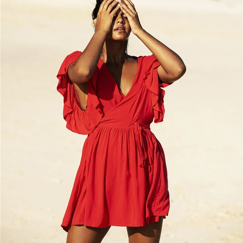 Пляжная накидка красный искусственный шелк пляжные костюмы туники кафтан