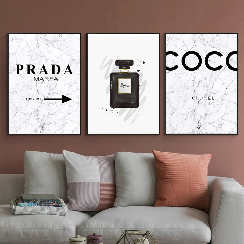 Afiche con citas de mármol y Coco para mujer, cuadro sobre lienzo para pared, imágenes para decoración del hogar, pluma Vogue, blanco y negro