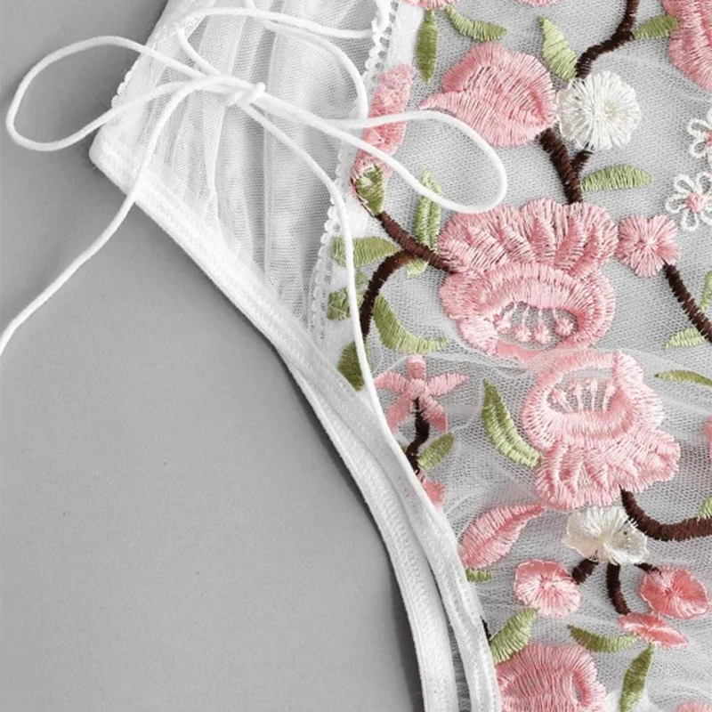 

Aduloty Embroidered Women's Lace One-piece Underwear with Spaghetti strap Open Back Sexy Girl Bra Set with Beautiful Temptation