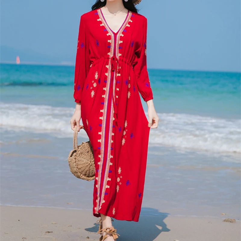 Богемное народное Цветочное платье с v-образным вырезом и рукавом 5 минут морским