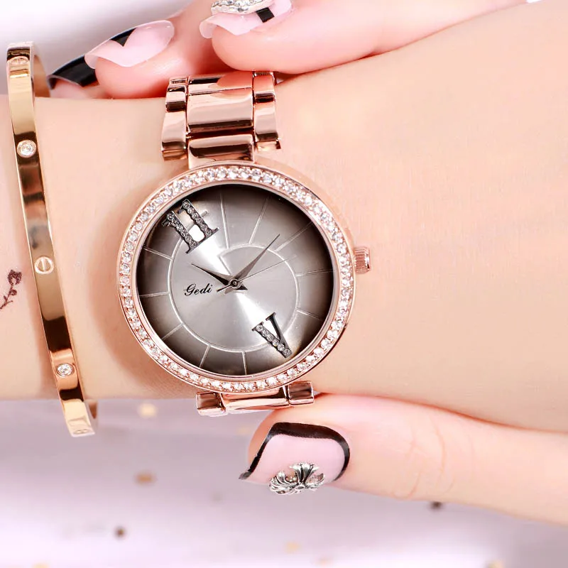 Rosegold white GEDI модные элегантные женские часы с ремешком из сплава розового золота кварцевые наручные часы женские роскошные стразы уникальный дизайн часы с буквами - Цвет: Rosegold white