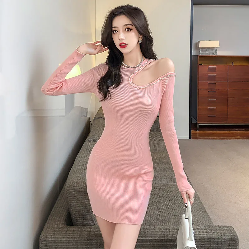 

Женское трикотажное платье-свитер, однотонное трикотажное офисное платье с открытыми плечами, высокой талией и длинным рукавом, Осень-зима ...