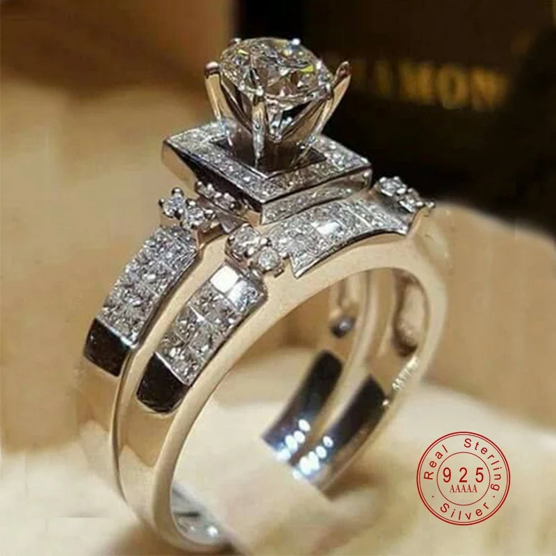 2pcs/lot Silver Double Rings Set Shiny Cubiz Zircon Stone Ring For Women Romantic Lovers Engagement Anniversary Wedding Jewelry | Украшения