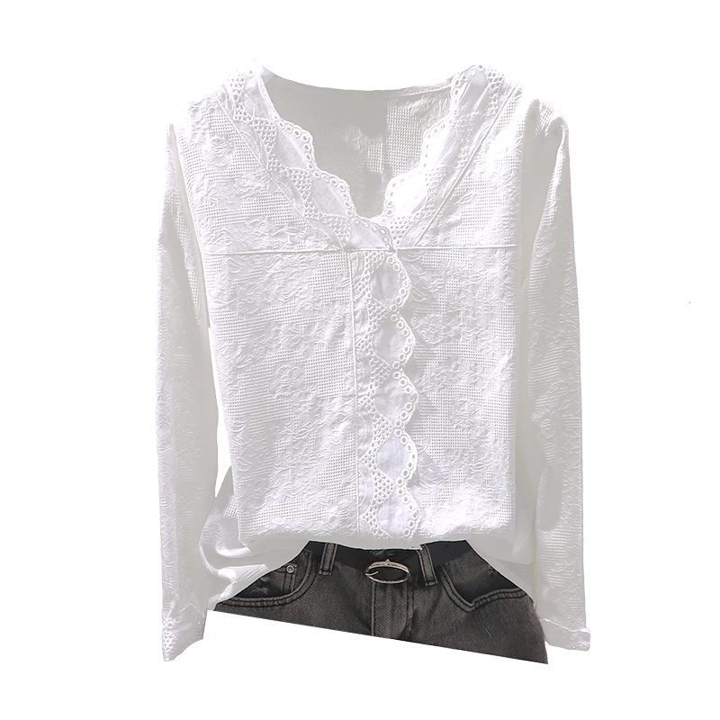 

Lace Cotton Women Blouse 2020 Summer New V-Neck Long-Sleeved Slim Solid Lady Elegant Pulls Tops Top Quality
