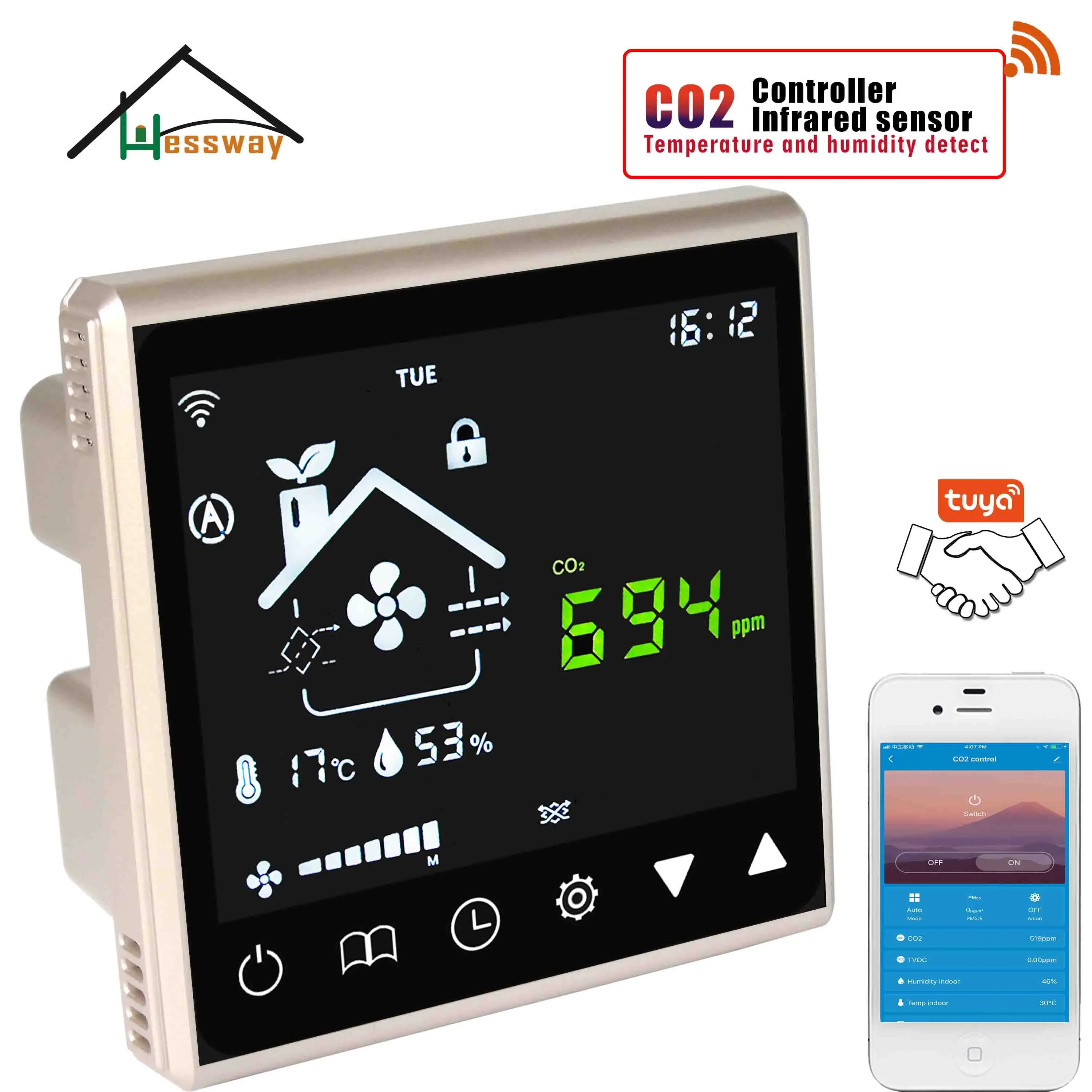 HESSWAY 3 In1 Температура влажности детектор двуокиси углерода Управление WI FI CO2 для