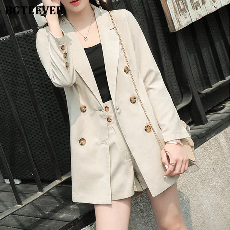 Комплект из 2 предметов BGTEEVER Женский двубортный пиджак и шорты хлопка льна