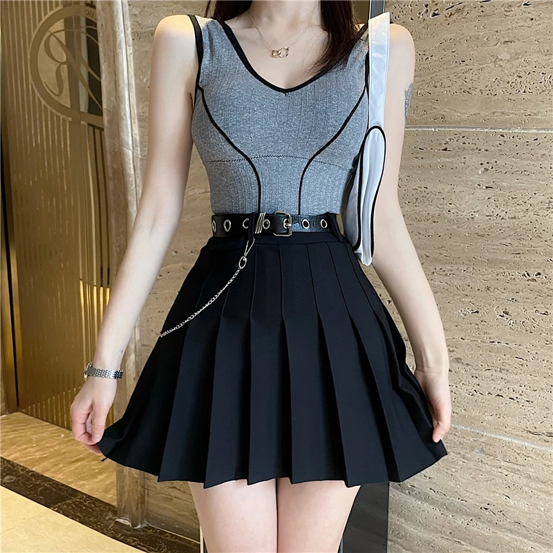 

KUSAHIKI Woman Skirts High Waist Sexy Pleated A-line Mini Skirt 2021 Spring Summer New Fashion Solid Faldas Mujer Moda 6F627