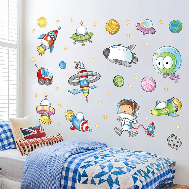 

cartoon astronaut outer space planet art wall sticker diy children stickers kids