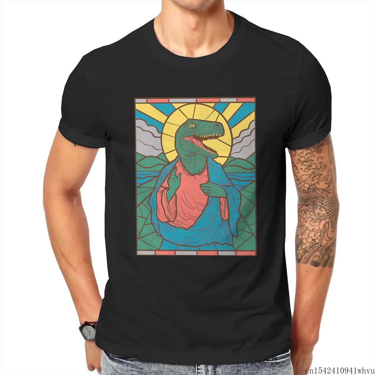 

Dinosaur Church Window Design Gift Funny with Short Sleeves Men T Shirt Unisex Summer Trend Lycra O-neck Casual Size M-5XL
