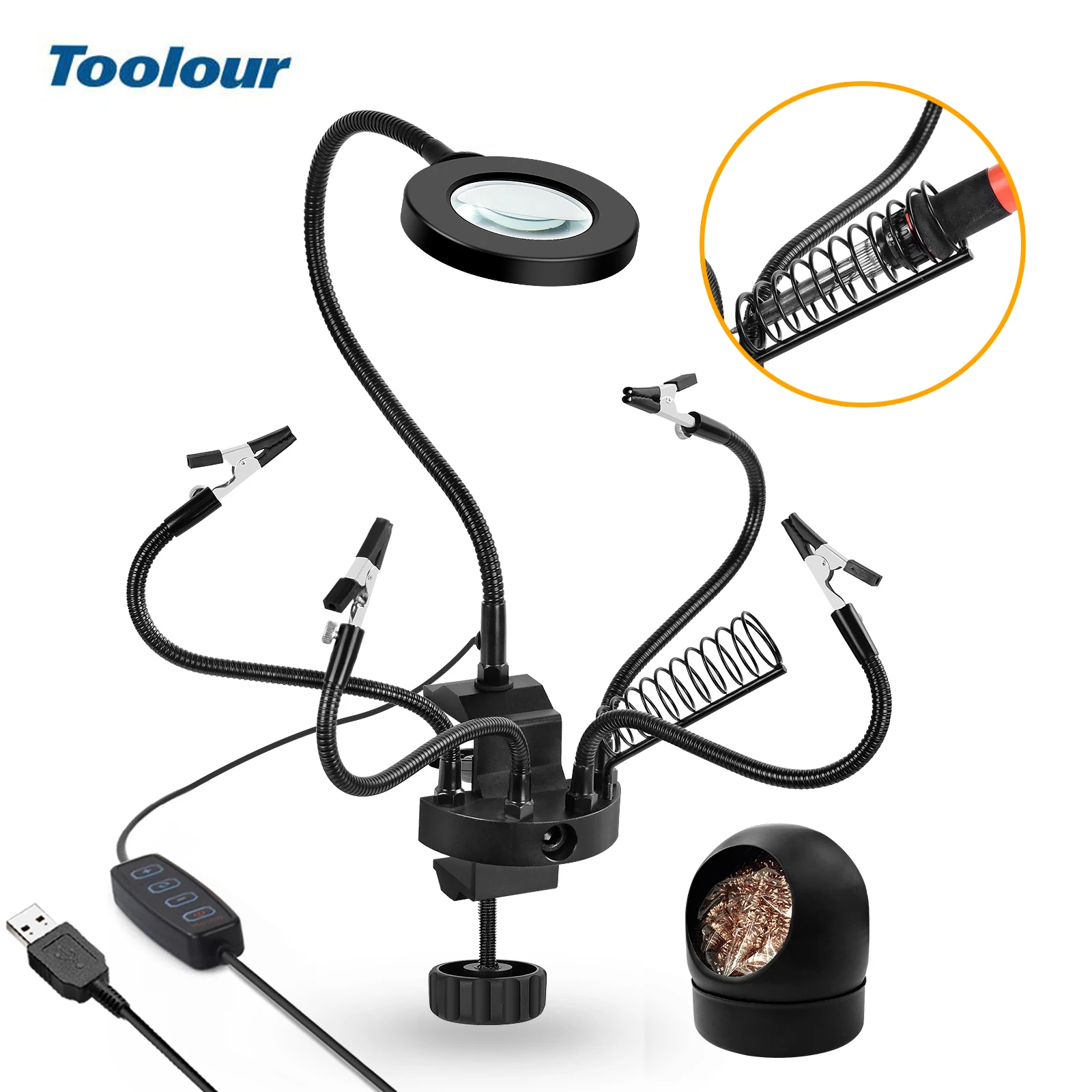Toolour 5pc Flexible Arms Third Helping Hand Table Clamp USB LED Lamp 3X Magnifier Soldering Iron Holder DIY Repairing Tool | Инструменты