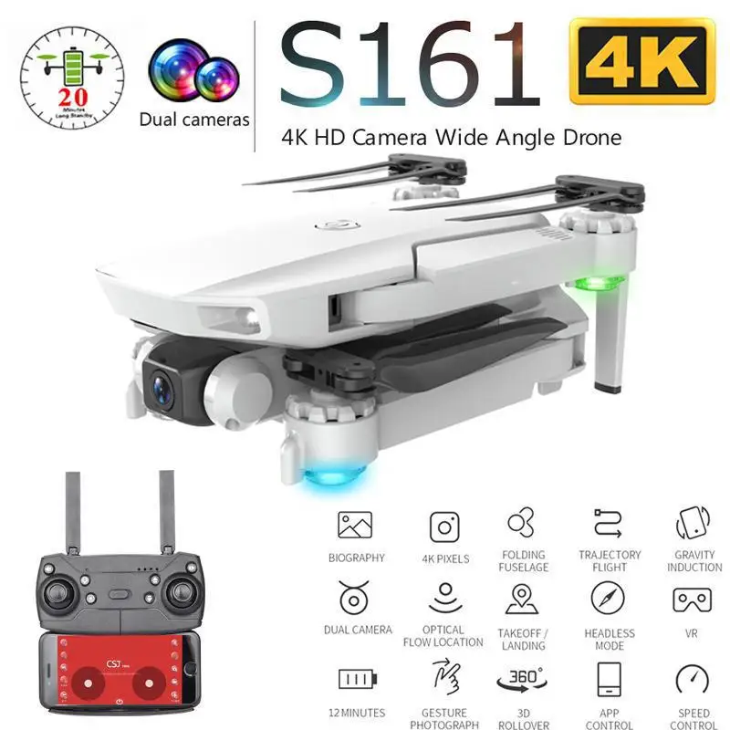 

S161 Дрон с разрешением 4k Hd двойной Камера Wi-Fi Fpv 2,4 ГГц Quadcopter Drone жест Управление фото оптического потока детские игрушки