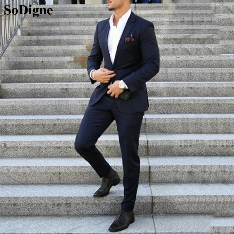 Navy Blue Tuxedo Men Suits 2 Pieces Business Suit Blazer Peak Lapel Costume Homme Terno tracksuit gentleman suit