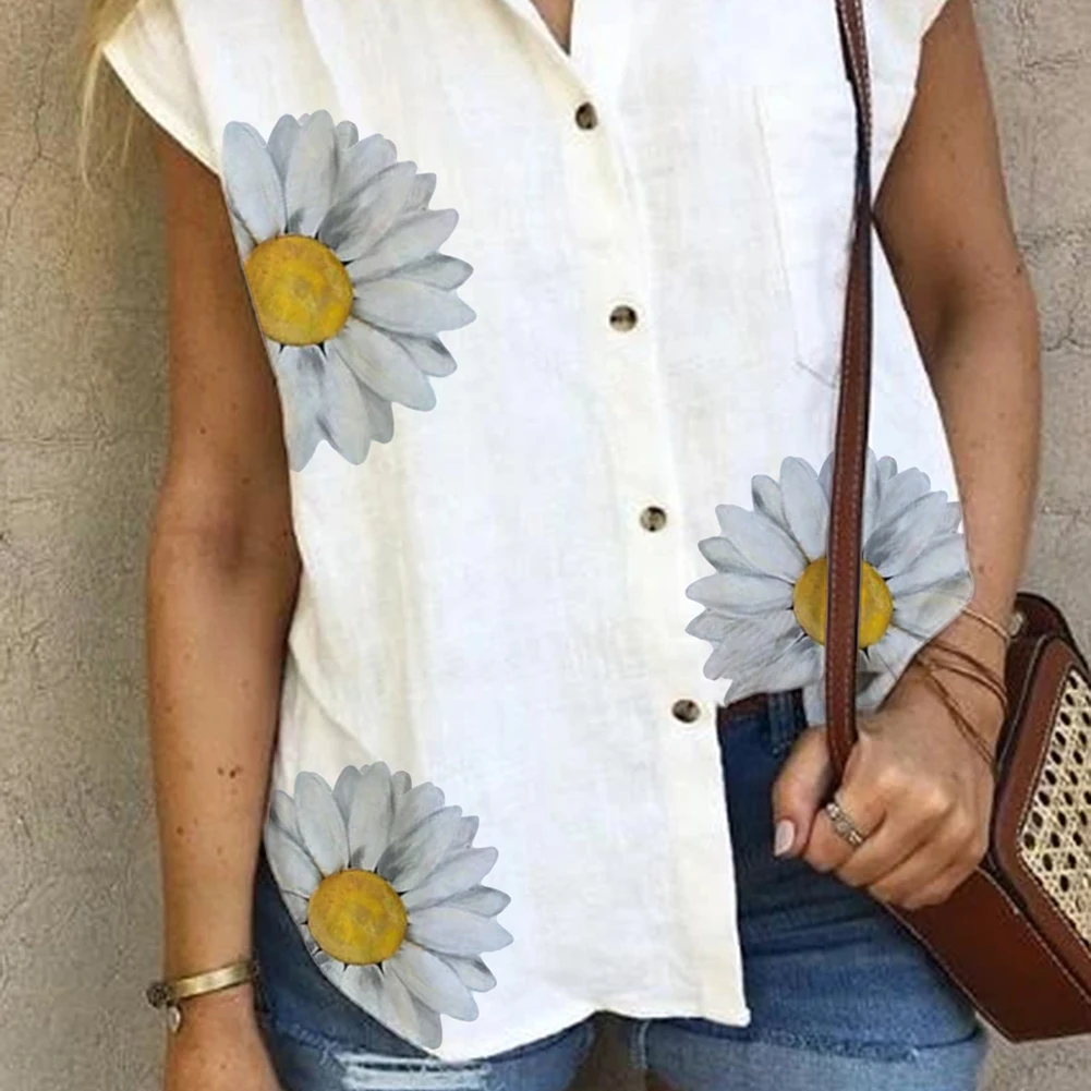 Женская рубашка для отдыха с принтом хризантем без рукавов на пуговицах