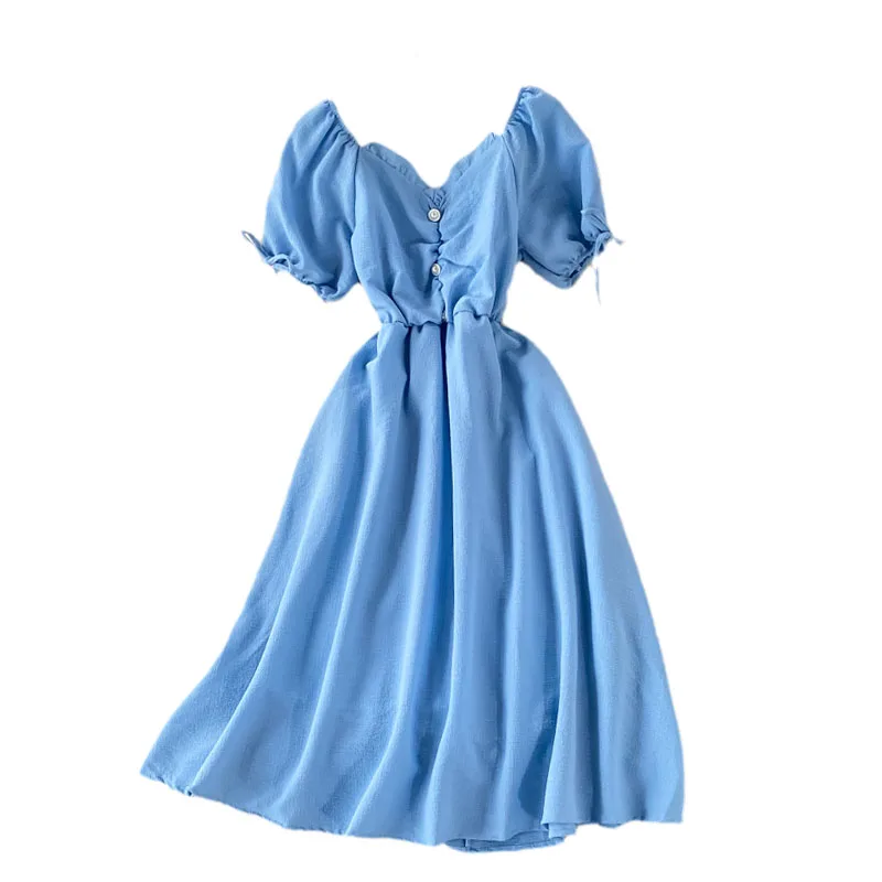 

French Fashion Girls Sweet Gentle 2021 Summer New First Love Slim Folds Waist V-neck Long Dress Short Sleeeve Robe Femme Ete