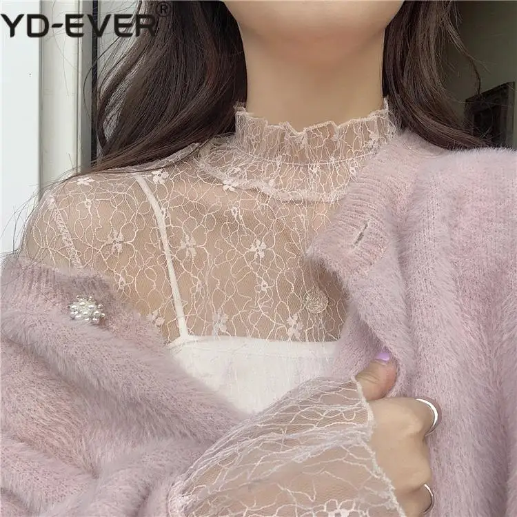 Женская кружевная водолазка повседневный пуловер с расклешенным рукавом