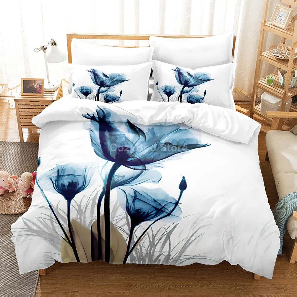 Комплект постельного белья с голубыми цветами элегантный комплект 3d
