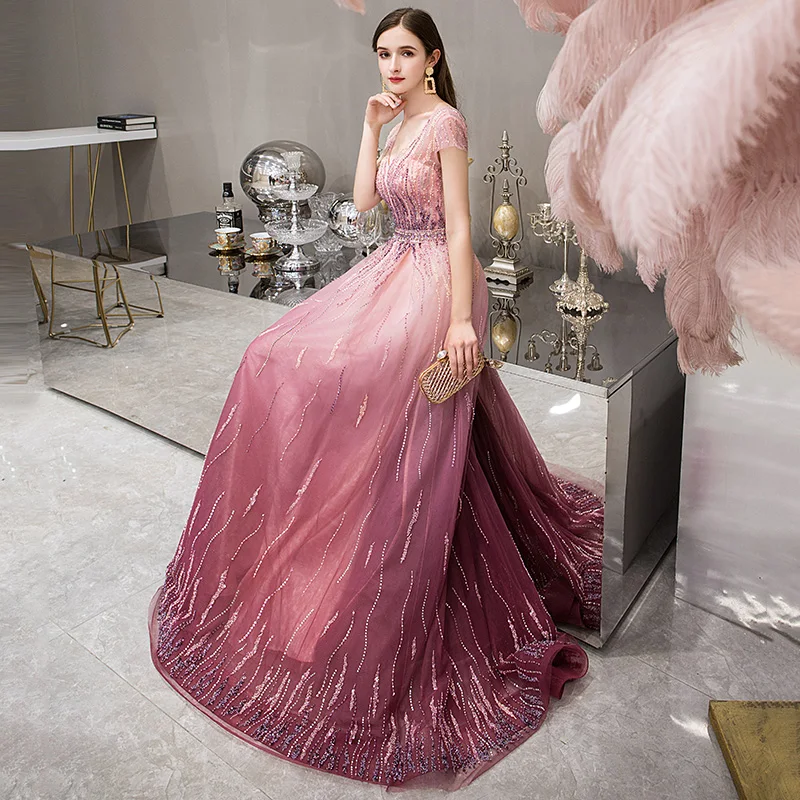 

Luxury Pink Evening Gowns 2020 Heavily Handmade Beaded Prom Dresses Long Elegant Floor-length Backless Women Birthday Dresses
