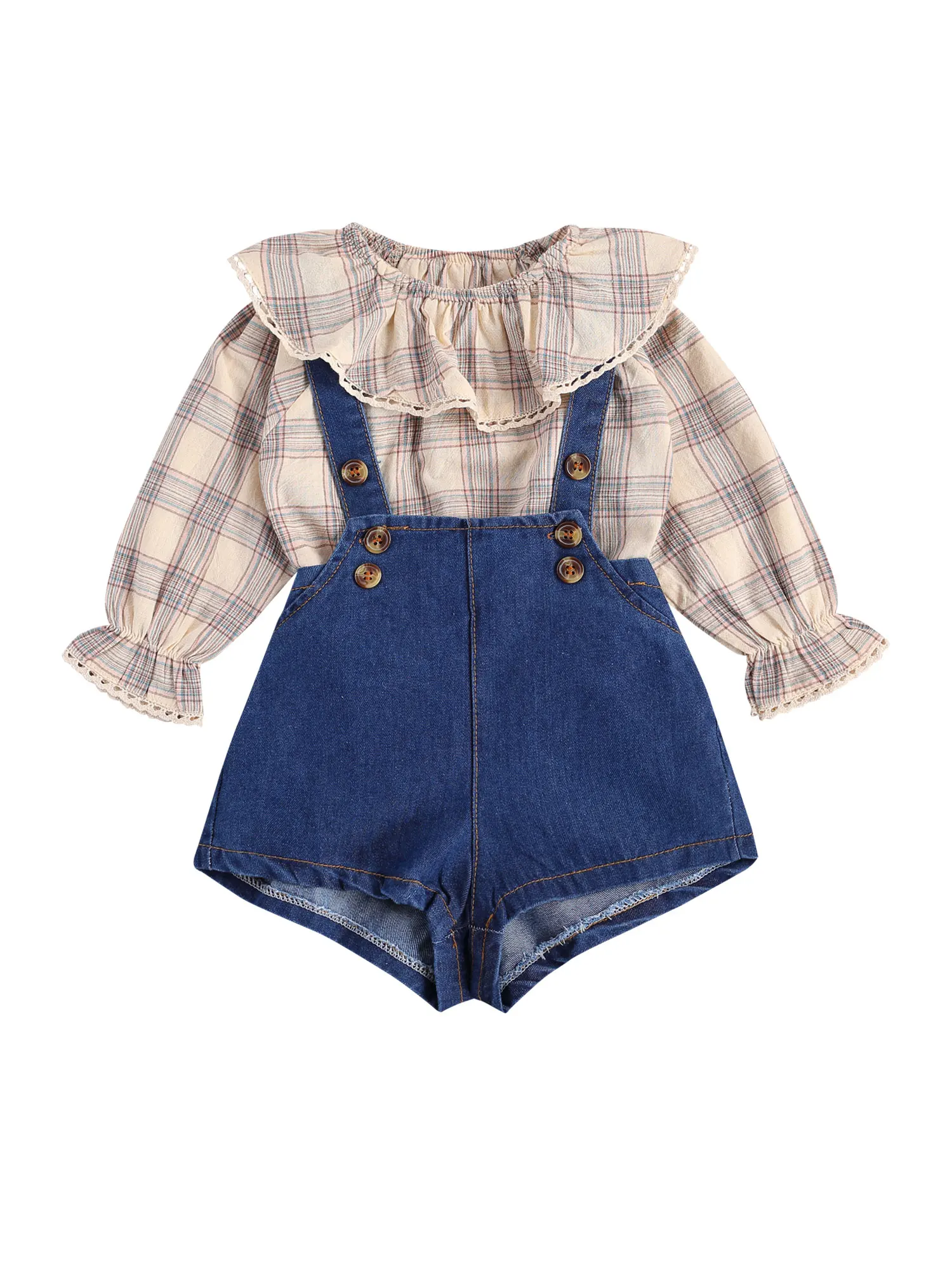 

Комплект одежды для новорожденных девочек, шорты с воротником «Питер Пэн», Цветочная/клетчатая футболка с оборками, топ, джинсовые шорты на бретелях, детская одежда