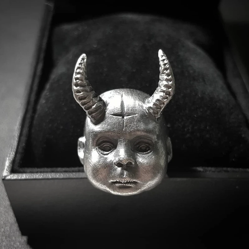

Cool Mens 316L Stainless Steel Ring Horned Demon Baby Ring Pagan Cross Satanic Devil Punk Biker Rings Women Men Jewelry