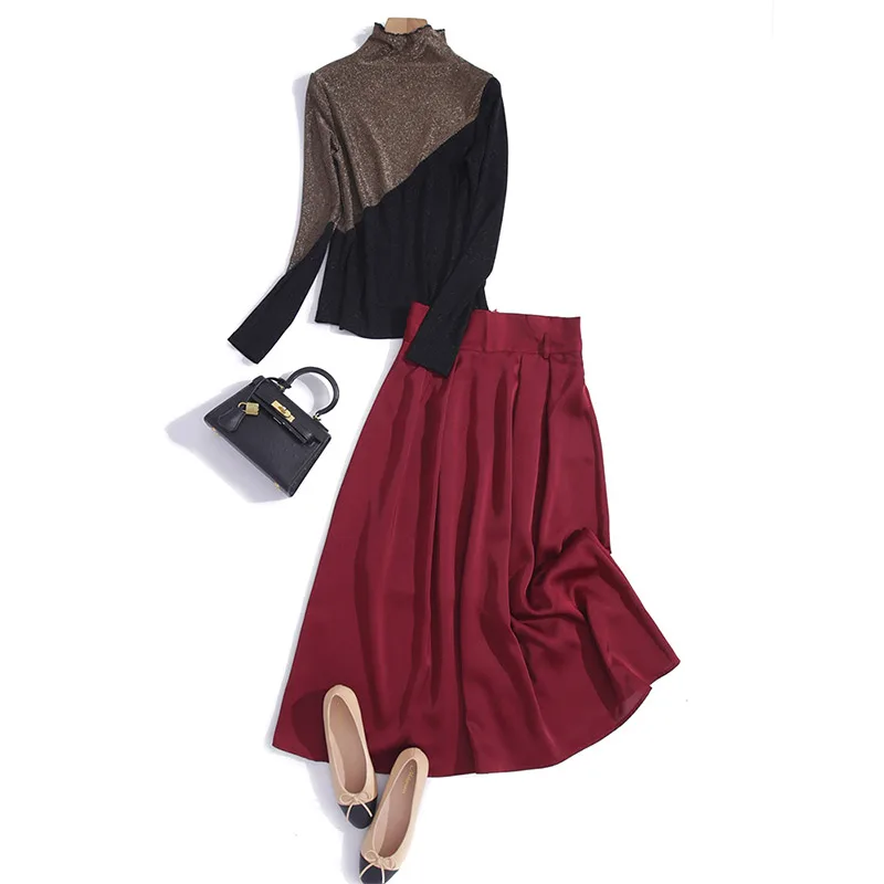 

two-piece color matching long sleeve + wine red silk blouse accept waist posed new skirts of spring clothing