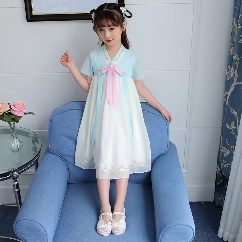 Hanfu /Новинка 2020 г . Летнее Детское винтажное платье с вышитыми цветами Шифоновое