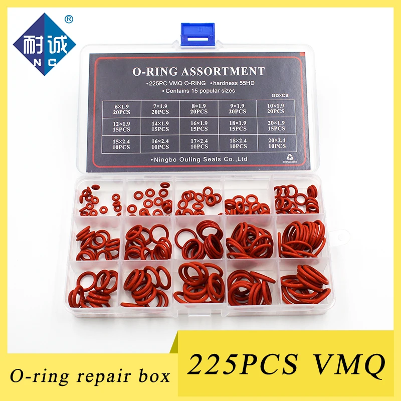 مجموعة متنوعة من حلقات السيليكون O ، 225 قطعة ، حلقات مطاطية حمراء ، حلقة مانعة للتسرب ، علبة ، VMQ