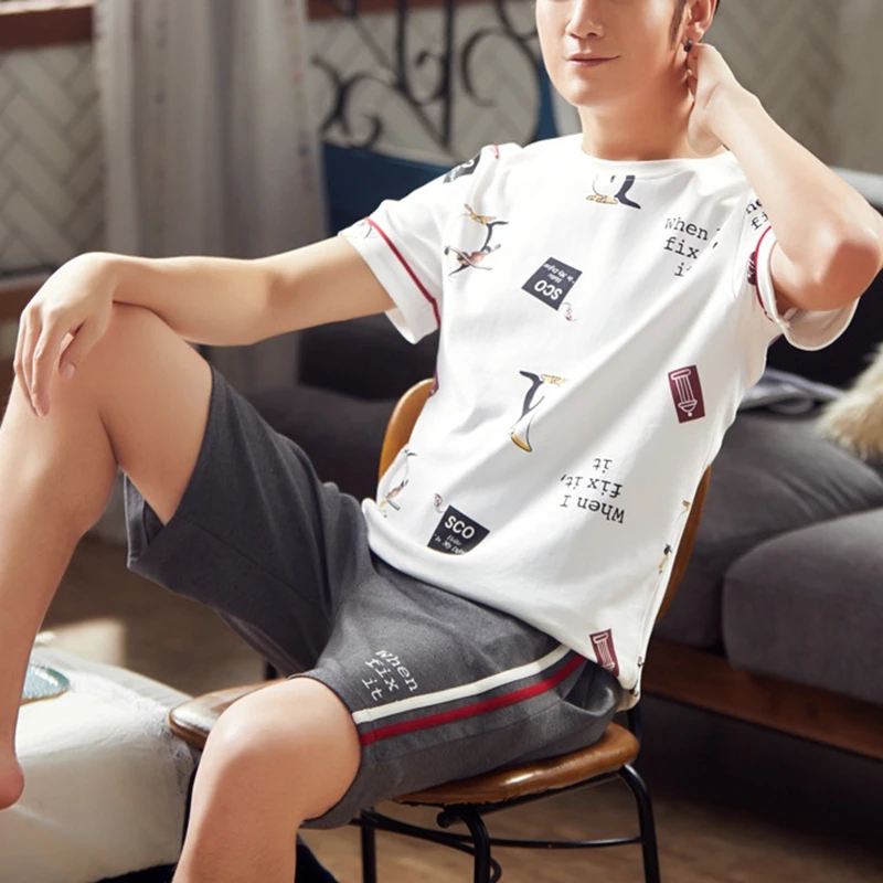 

2021 New Summer Cotton Pyjamas Casual Pajamas with Plaid Shorts for Men Lovely Print Pajama Sets Comfortable Cool Sleepwear 3XL
