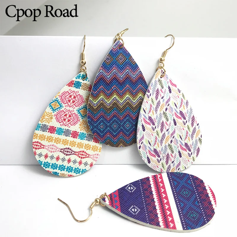 Cpop новые модные серьги капли из искусственной кожи с цветочным принтом висячие