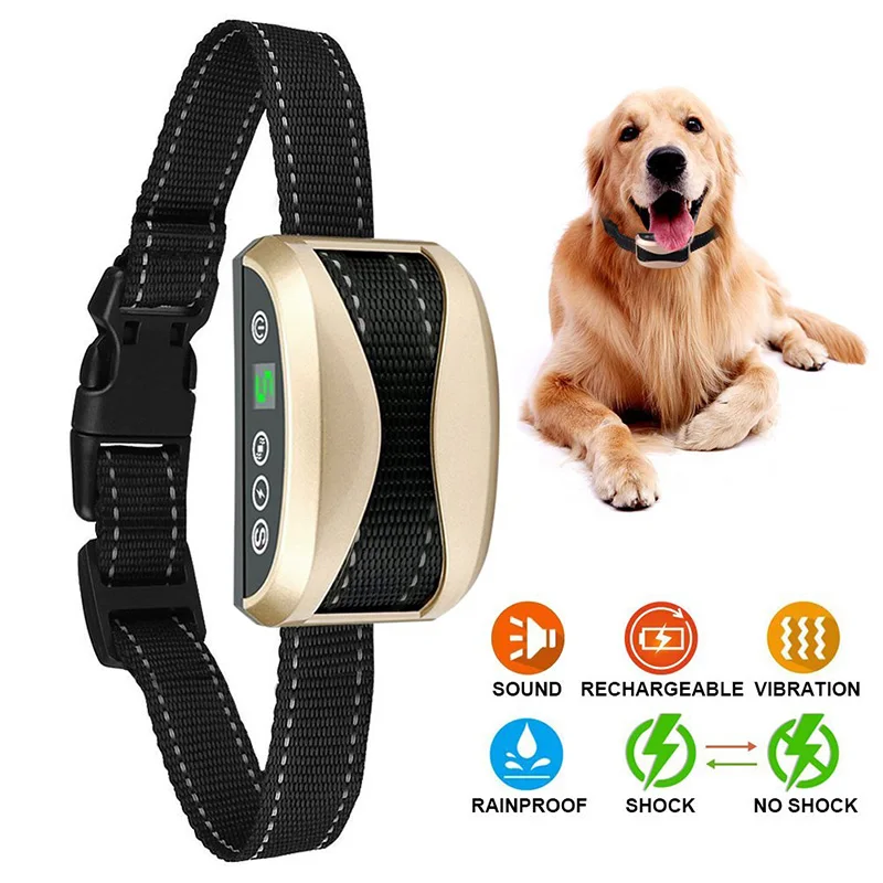 

Electric Dog Training Collar Rechargeable Waterproof Anti Barking Collars For Dogs Antilay Electronic Collar USB Reflective Gold