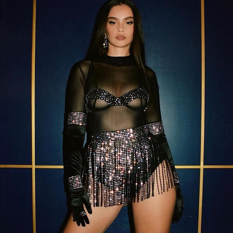 Шикарные Стразы юбка с кисточками женская сексуальная открытая Лоскутная