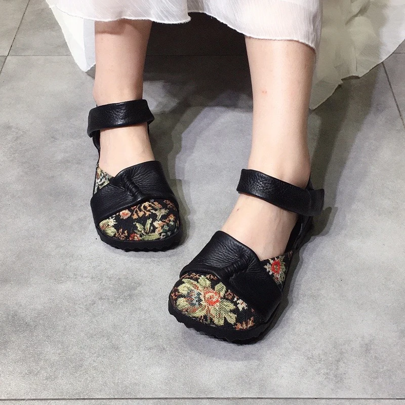 

Босоножки женские из натуральной кожи, на плоской подошве, с вышивкой, в стиле ретро