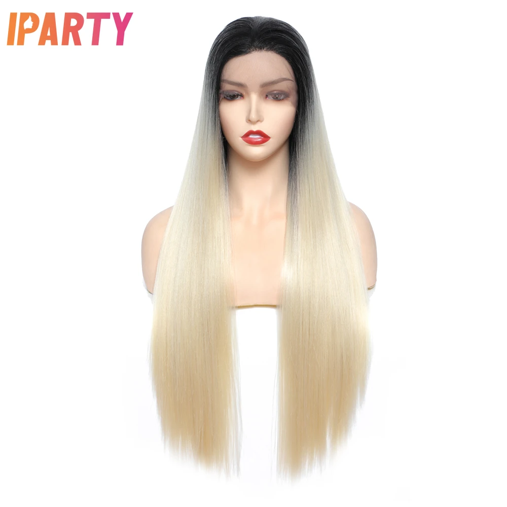 

Lace Front Wig Synthetic Wigs Long Straight Black Root Blonde Colored Wigs Heat Resistant Fiber Hair Party Cosplay Wig IPARTY