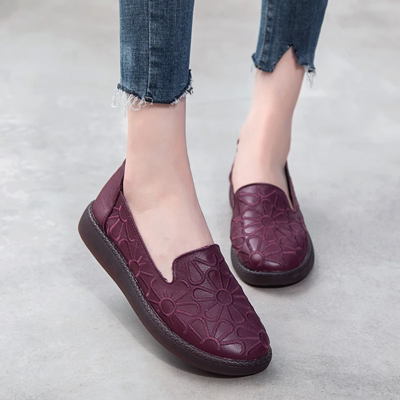 Fashion Retro Hand-Sewing Shoes Women Flats Genuine Leather Soft Bottom Women Shoes Soft Comfortable Casual Shoes Woman Loafers