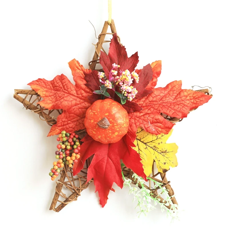 

Halloween Wooden Five-Star Wall Hanging Artificial Flower Wreath with Pumpkin Maple Leaves Berries Garland Decoration