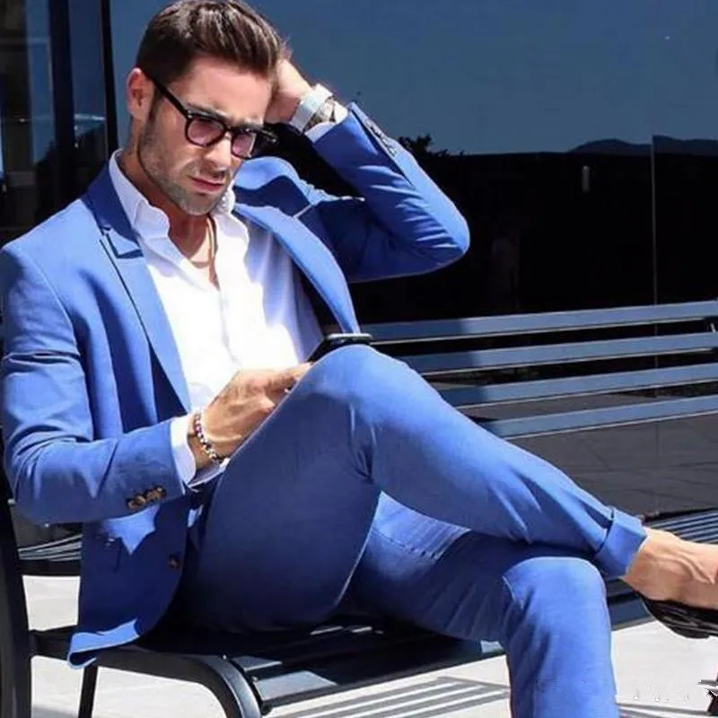 Летний Пляжный синий стиль мужские деловые костюмы повседневный облегающий