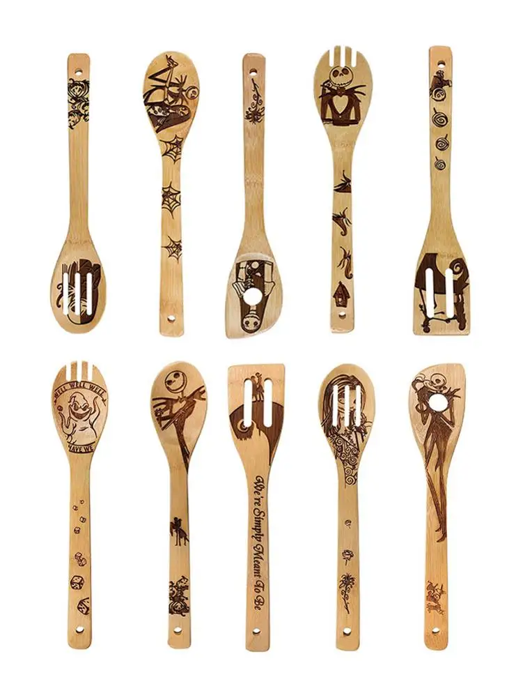 

5pcs /set Laser Embossing Bamboo Tableware Spoon Spatula Wooden Non-stick Cooking Utensil Kitchen Tool Christmas Festival Gift