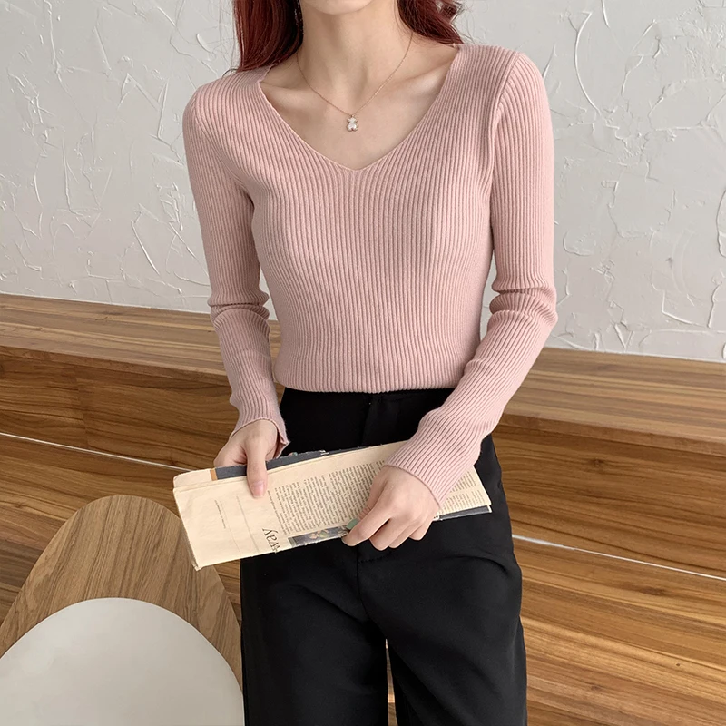 

Autumn Stretch Slim Woman Sweaters Fashion V-neck Long Sleeve Knit Pullover Simple Solid Color Sweaters for Women 2020