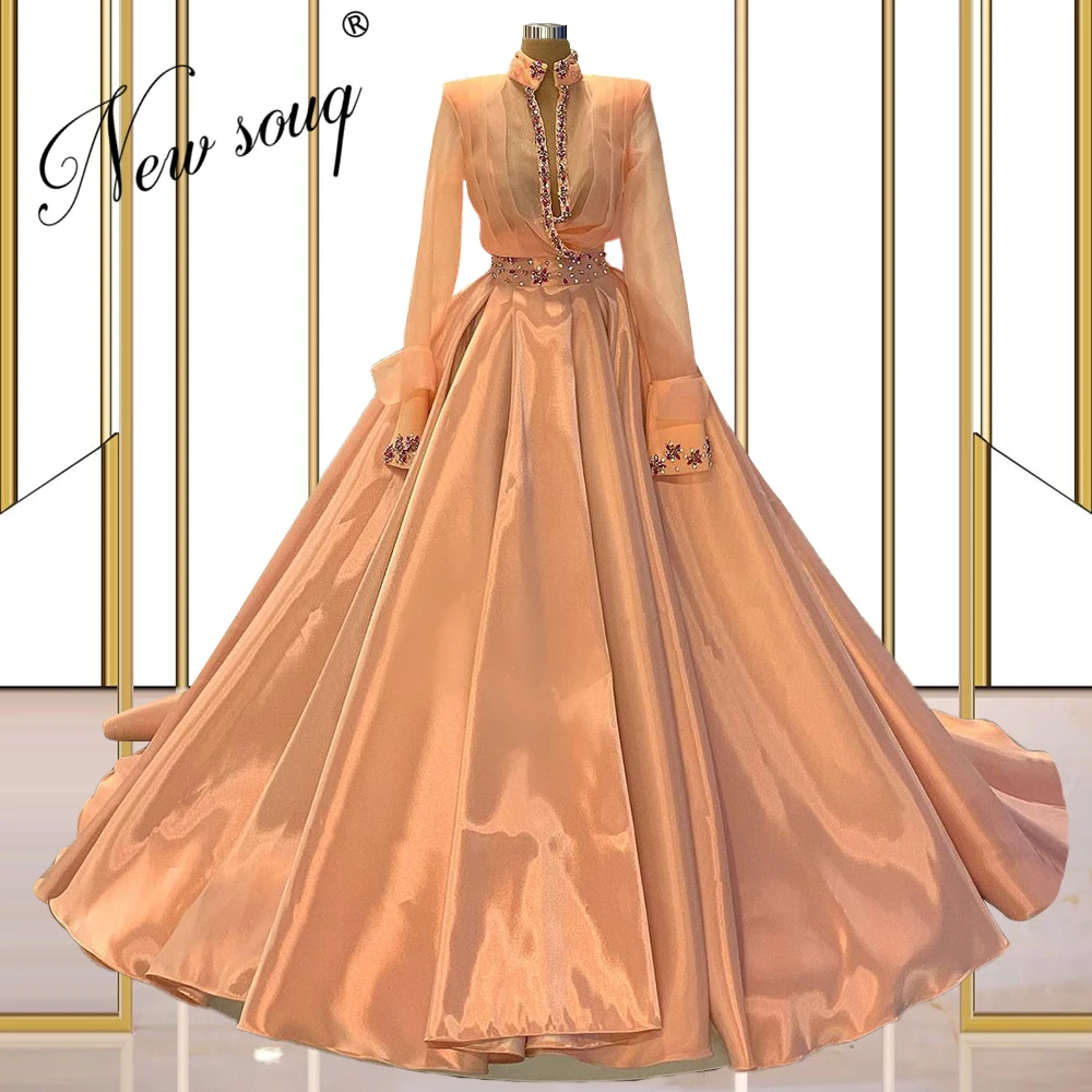 

Dubai Champagne Ball Gown Evening Dresses Full Sleeves Saudi Arabia 2021 Plus Size Party Gowns Women Celebrity Dress Prom Dress
