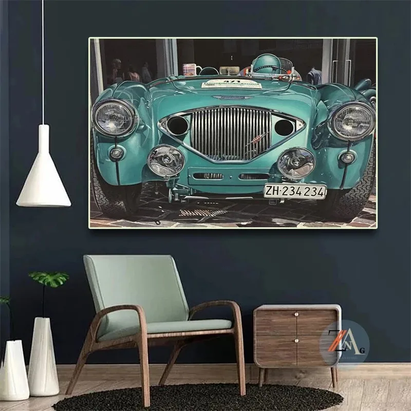 

Vintage Blue Green Antique Car Poster Canvas Print Painting Retro Wall Art Picture Living Room Bedroom Home Decoration No Frame