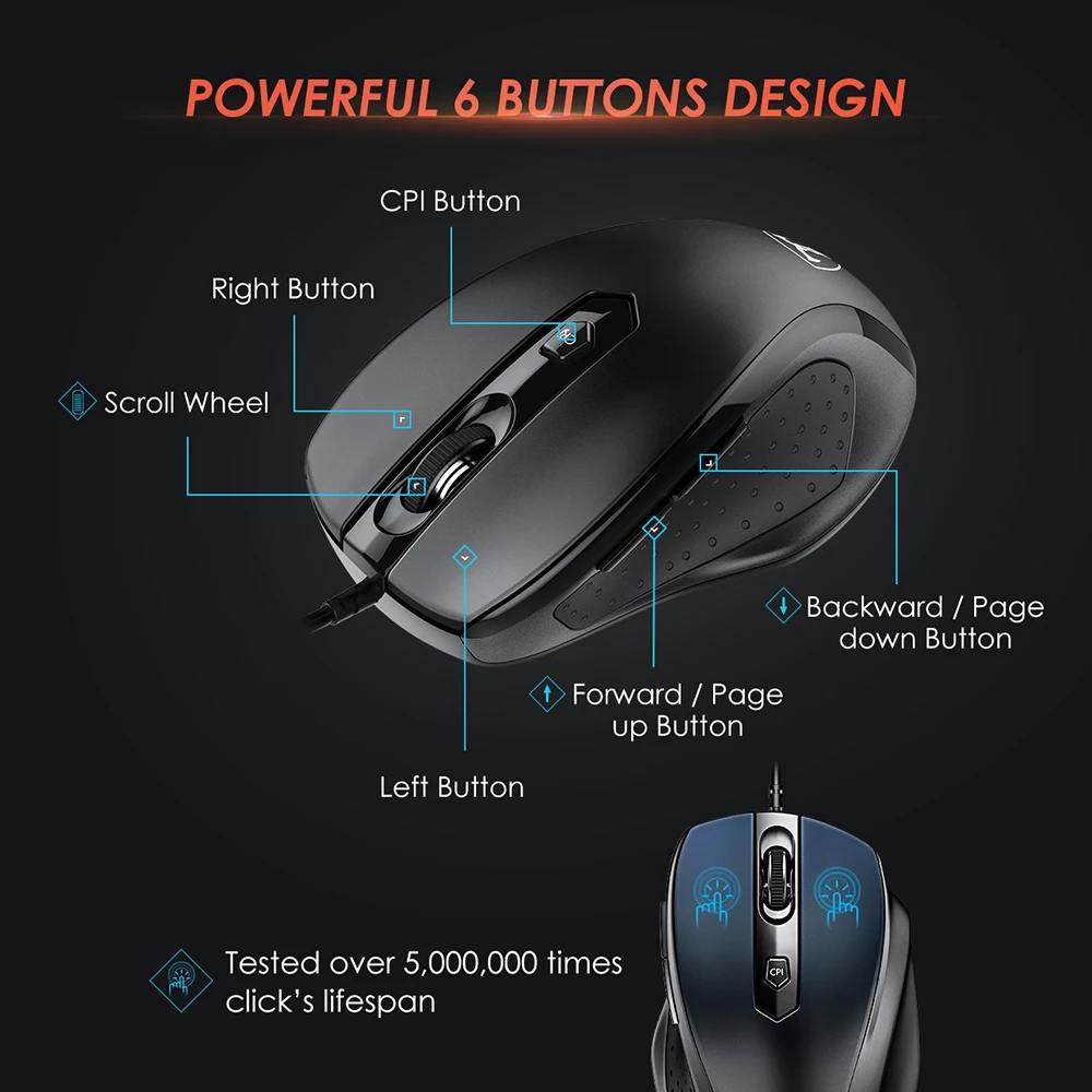 Проводная мышь VicTsing PC124 эргономичная оптическая USB 6 кнопок мыши Регулируемая 3200
