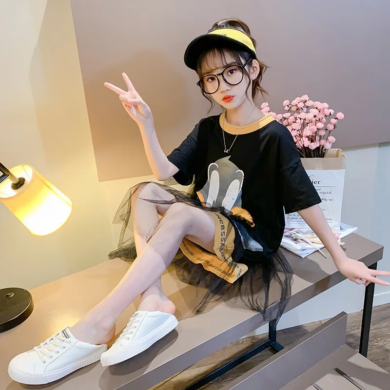 Платье для девочек-подростков с коротким рукавом и кружевом голубое длинное