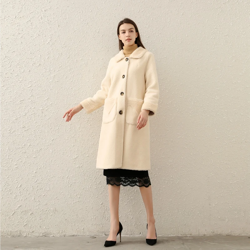 

and winter 2019 new granular Plush coat coat medium length baby collar pocket commuter fashion slim Korean version