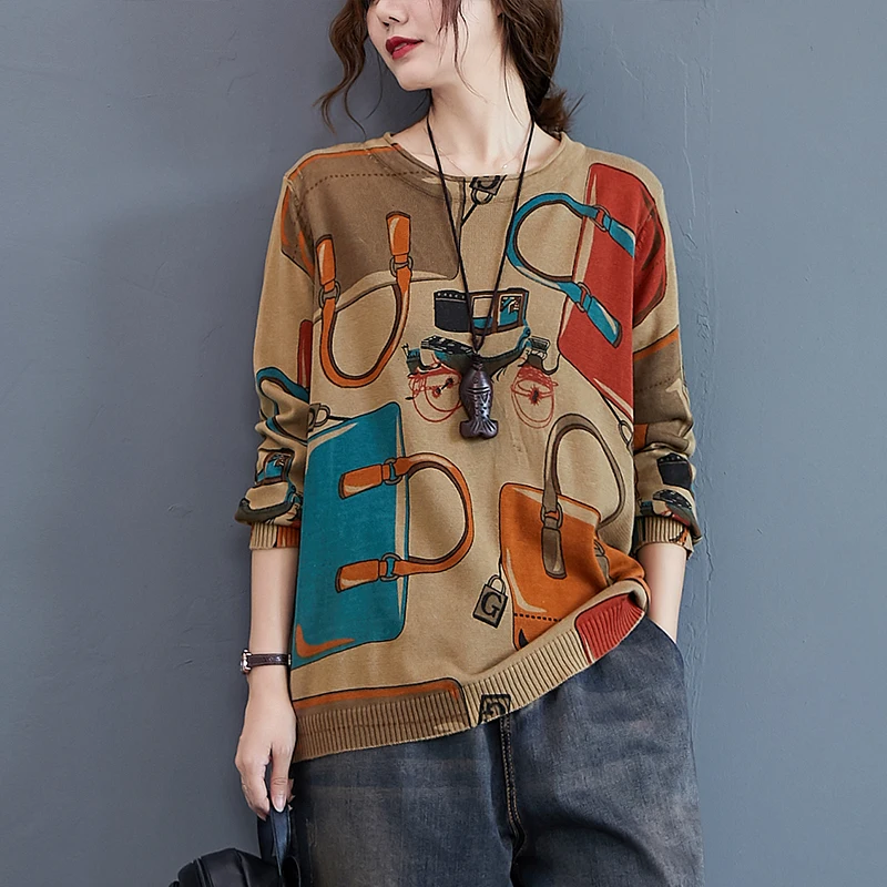 

New Arrival 2020 Autumn Winter Women Sweater Fashion Retro Bags Print Loose Knitted Sweater Casual Women Tops Streetwear